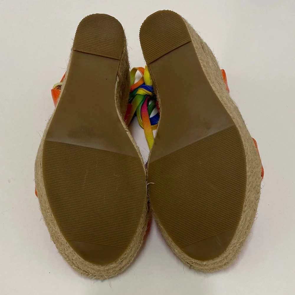 Liliana Orange Dopamine Wedge Espadrille with Multicolor Straps Size 5.5